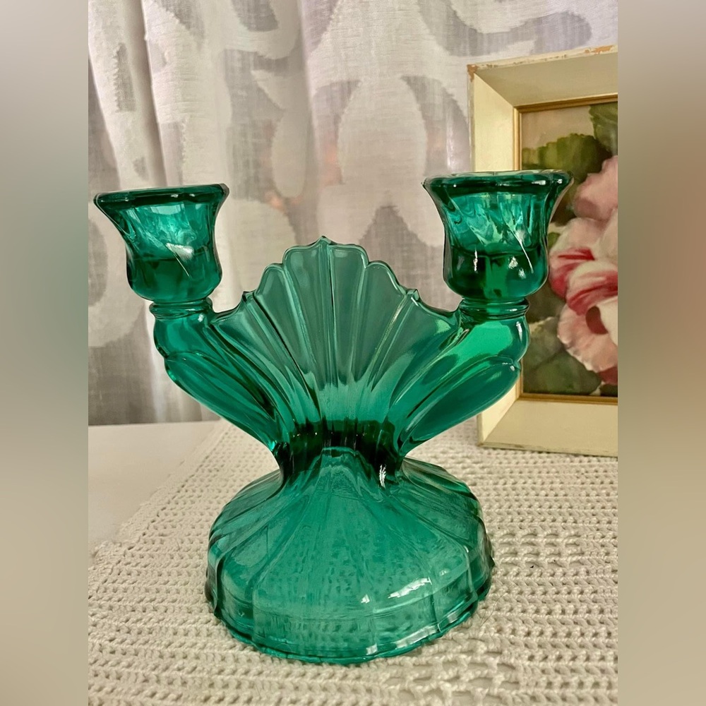 Vintage 1937 Jeannette Swirl Ultramarine Green Double Candelabra Candle Holder